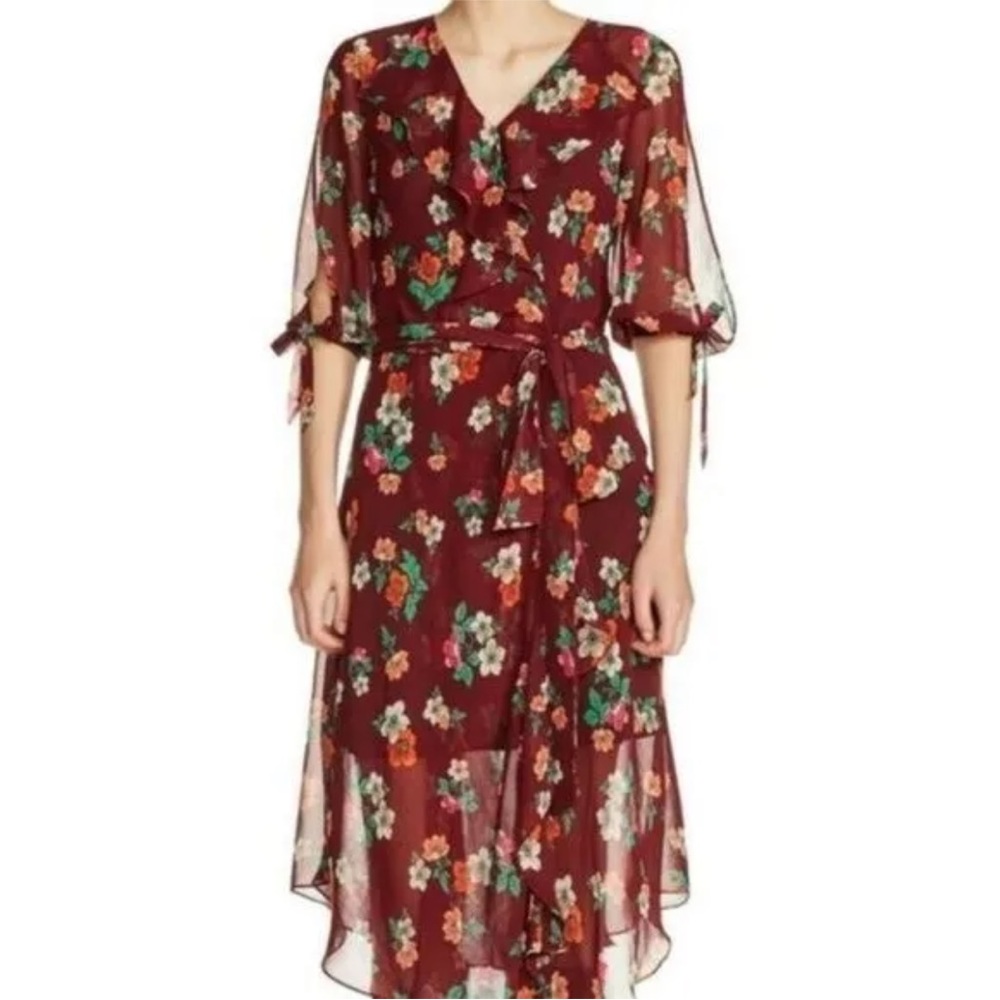 Maje Womens Size 2 (Medium) Reselia Chiffon Dress Floral Print Wrap Burgundy